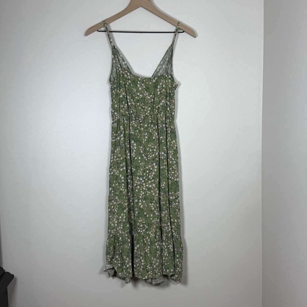 AUW Womens Floral Cottagecore Midi Dress Size M Green Ruffle Hem Spaghetti Strap - Picture 3 of 9